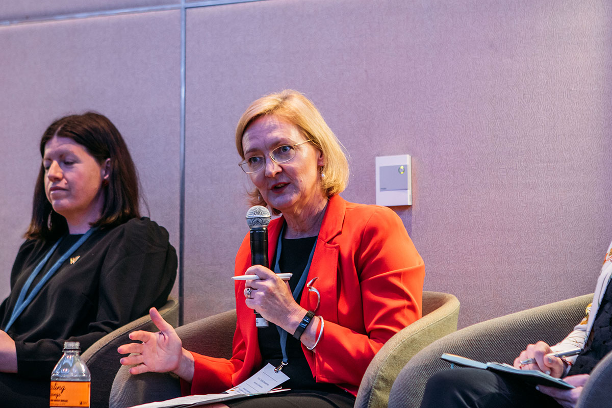 Prof. Kylie Readman speaking during West Tech Assemblage panel.